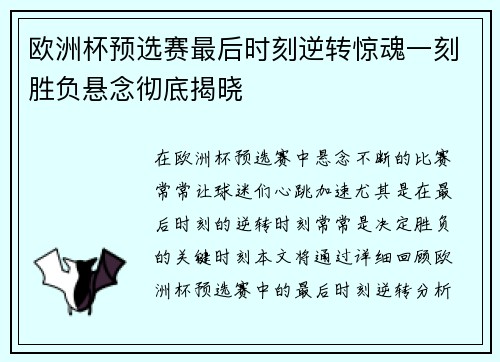 欧洲杯预选赛最后时刻逆转惊魂一刻胜负悬念彻底揭晓