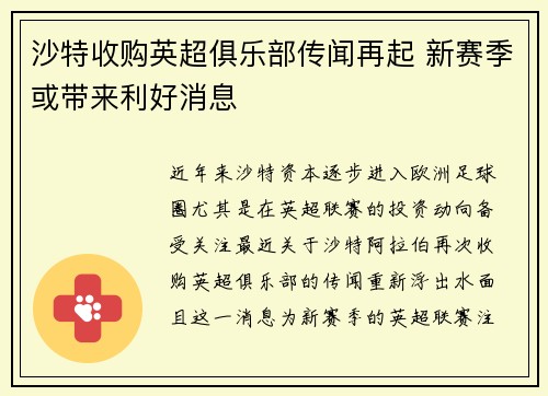 沙特收购英超俱乐部传闻再起 新赛季或带来利好消息