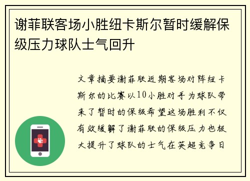 谢菲联客场小胜纽卡斯尔暂时缓解保级压力球队士气回升