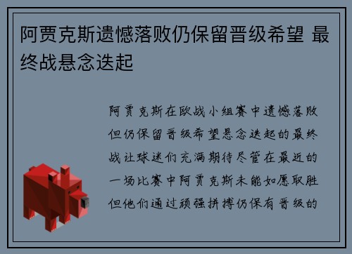 阿贾克斯遗憾落败仍保留晋级希望 最终战悬念迭起