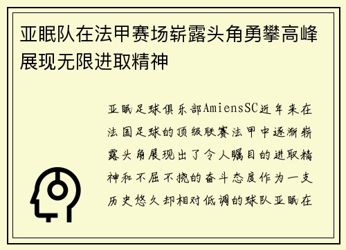 亚眠队在法甲赛场崭露头角勇攀高峰展现无限进取精神