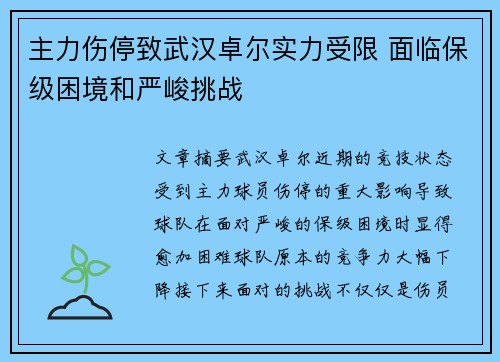 主力伤停致武汉卓尔实力受限 面临保级困境和严峻挑战