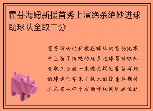 霍芬海姆新援首秀上演绝杀绝妙进球助球队全取三分