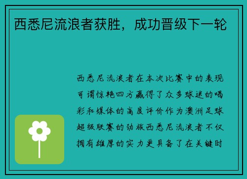 西悉尼流浪者获胜，成功晋级下一轮