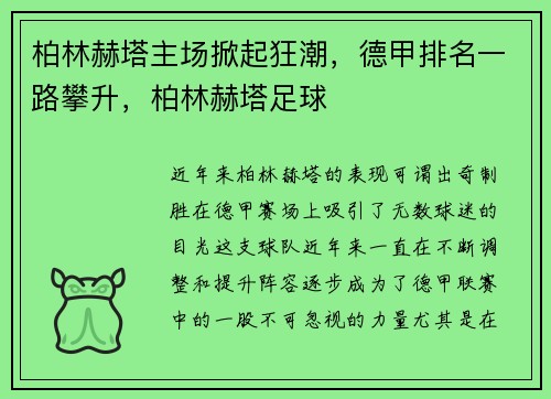 柏林赫塔主场掀起狂潮，德甲排名一路攀升，柏林赫塔足球