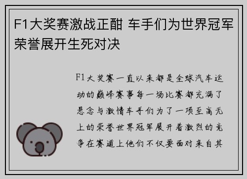 F1大奖赛激战正酣 车手们为世界冠军荣誉展开生死对决