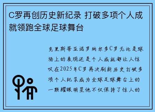 C罗再创历史新纪录 打破多项个人成就领跑全球足球舞台
