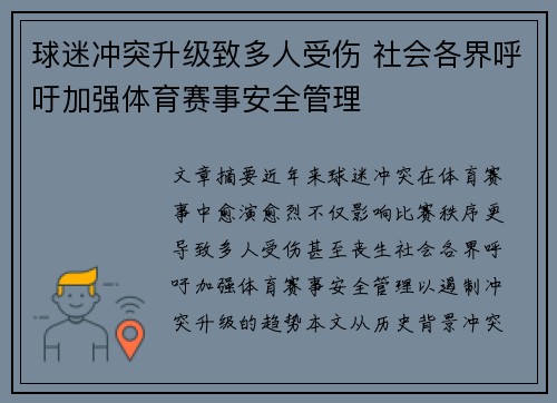 球迷冲突升级致多人受伤 社会各界呼吁加强体育赛事安全管理