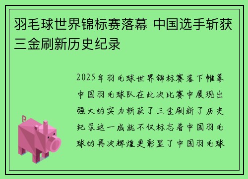 羽毛球世界锦标赛落幕 中国选手斩获三金刷新历史纪录