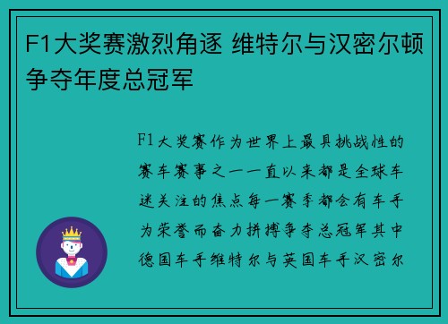 F1大奖赛激烈角逐 维特尔与汉密尔顿争夺年度总冠军